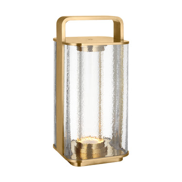 Rechargeable brass table lamp with textured glass shade for indoor or outdoor ambient lighting