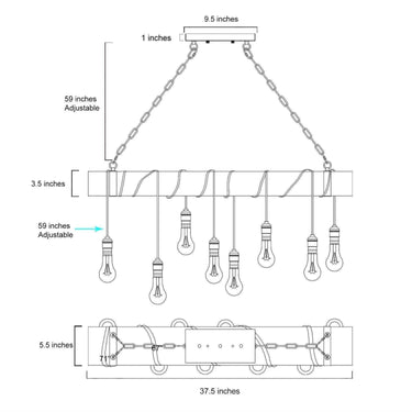 large rustic linear chandelier with 8 bulbs and rectangular metal canopy for farmhouse decor