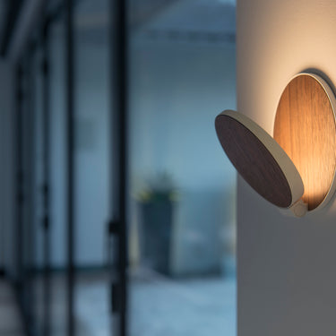 Koncept Gravy Wall Sconce Silver Body White Oak Plates Hardwire