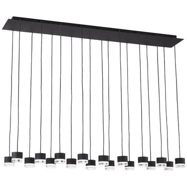 Crystal-accented modern chandelier with 18 dimmable LEDs ideal for high-ceiling living rooms or offices