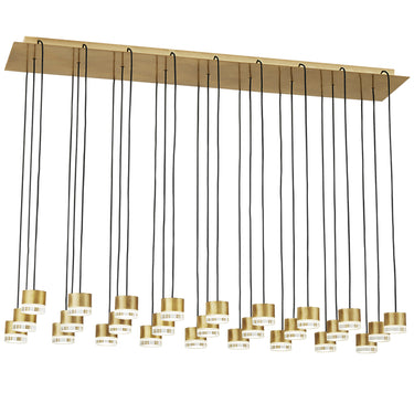 Modern 27-light linear LED chandelier in brass finish for dining rooms, kitchens, or commercial interiors 