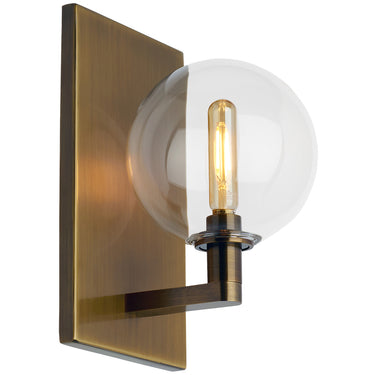 Vertical mounted wall light with globe shade and dimmable 2700K LED lamp in aged brass finish