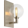 Clear glass globe wall sconce with LED light in satin nickel finish for modern interiors