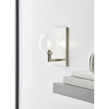 Modern single wall light with E12 LED lamp and transparent glass shade for home lighting