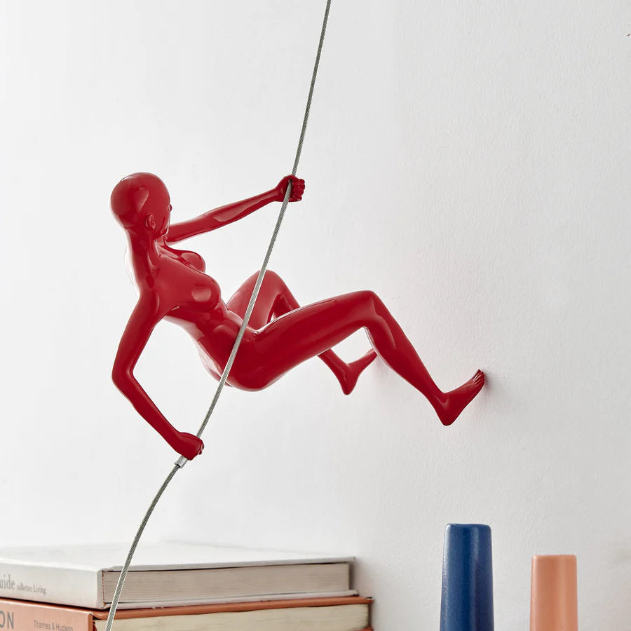 Glossy Red Climbing Woman Wall Art Sculpture | Bedroom Art