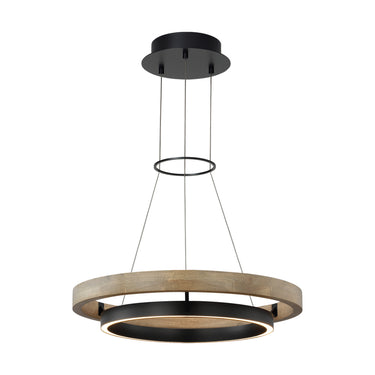 Matte black and weathered oak ring chandelier with integrated LED for modern dining room ceilings
