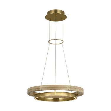 Antique brass and natural oak chandelier with LED ring lighting for upscale dining or foyer interiors