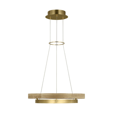 Round LED chaDual ring LED chandelier in antique brass and oak for living rooms, dining areas, or commercial lobbies