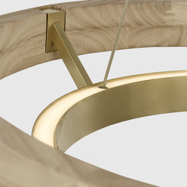 Hand-rubbed brass and natural oak LED chandelier with dimmable lighting for stylish ceiling applications