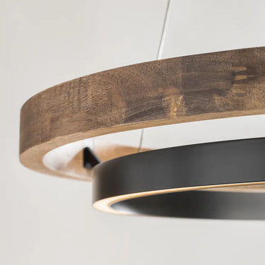 Designer oak wood LED chandelier with black ring and weatheredwood oak high-ceiling foyer or commercial entryway