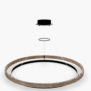 Visual Comfort Grace chandelier in matte black and oak wood with uplight and downlight LED rings for high ceilings