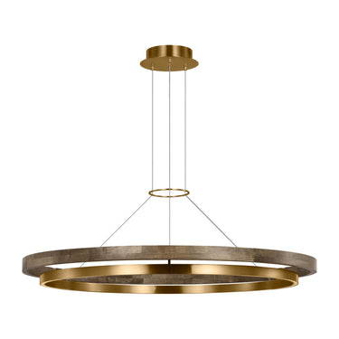 Grace 48 inch LED chandelier in matte black and weathered oak wood with dual ring design for modern interiors