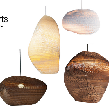 Graypants Denny pendant light shown in light blonde sustainable cardboard finish.