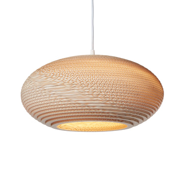 Handcrafted natural cardboard pendant light for commercial interiors.