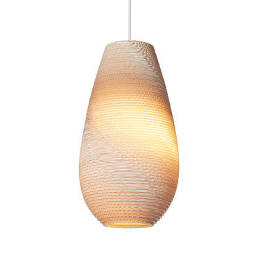 Modern eco-friendly hanging light fixture: Graypants Drop Scraplight in blonde finish.
