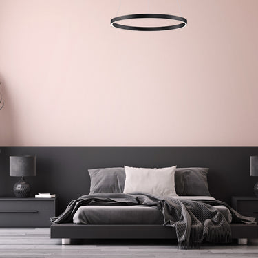 ET2 Groove thin Black LED ring light on the ceiling above a platform bed in a pink and charcoal bedroom