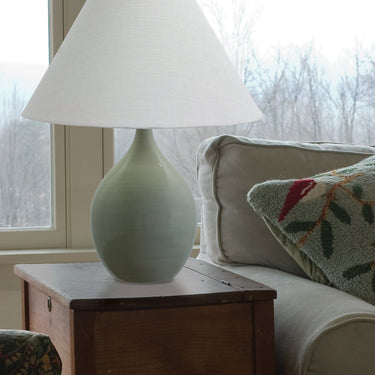 Scatchard 22.5" Stoneware Table Lamp, Style GS300 in Celadon styled in a lived-in room – House of Troy #2