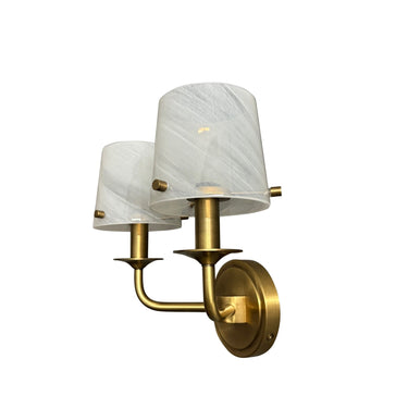 Double Curved Arm Wall Sconce with White Swirl Glass by House of Troy – detail angle 1