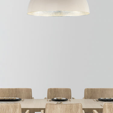 ET2 Hemisphere Gloss White dome pendant close-up showing the hammered aluminum interior