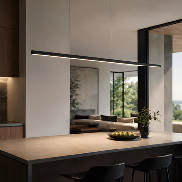 ET2 Hover single baton above a wood-top island with dark stools in a modern kitchen