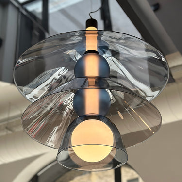 Close-up of the stacked glass shades of a Penta Gems pendant