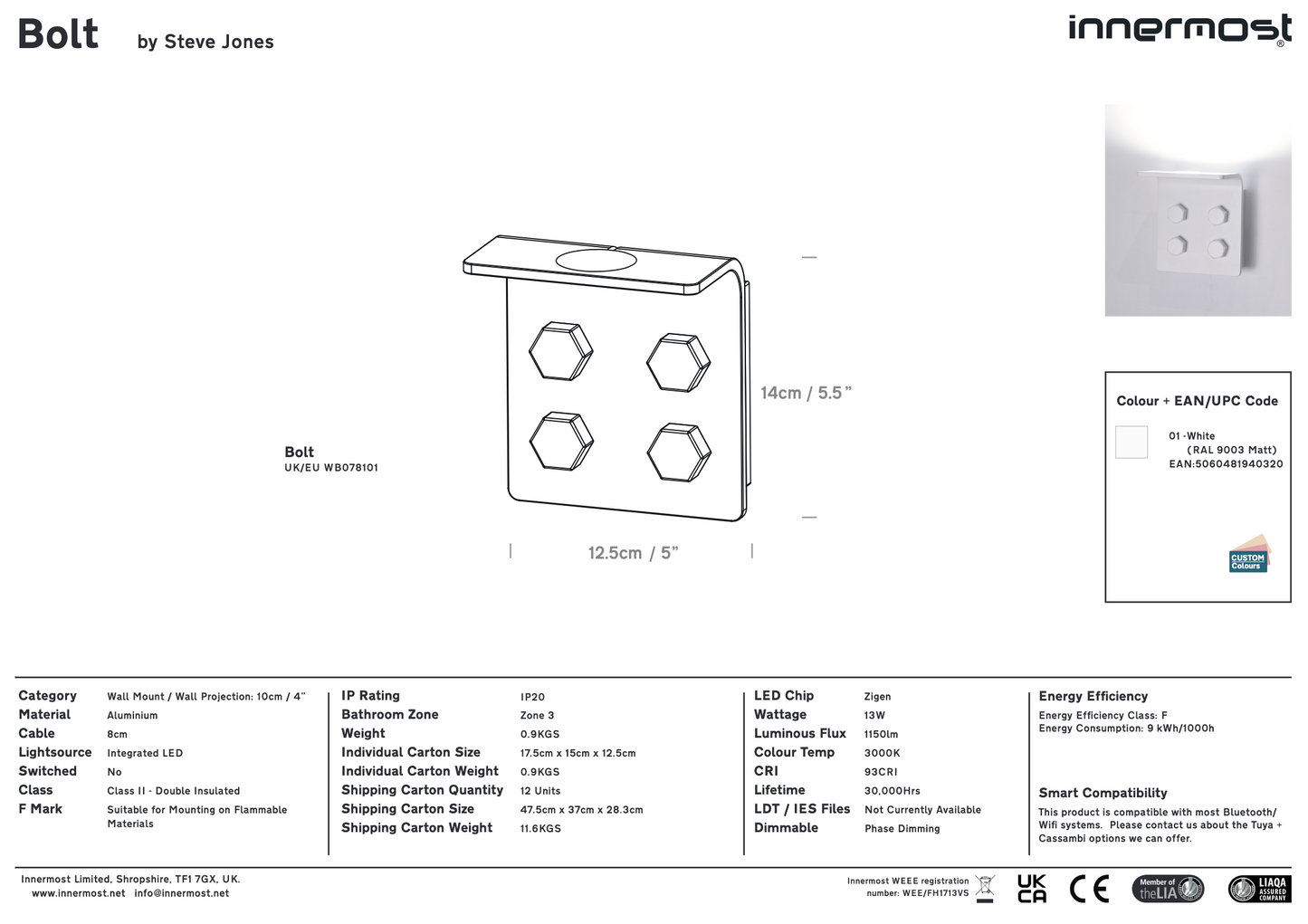 Innermost Bolt Wall Light LED | Spec Sheet