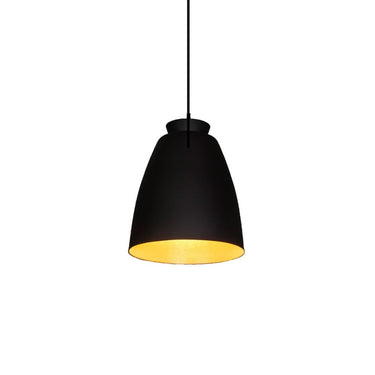 Designer Black/Gold Chelsea pendant lighting fixture hanging in a contemporary hotel lobby