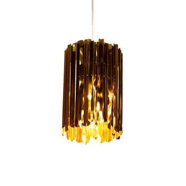 Innermost Facet 18 mini pendant light in brass stainless steel, modern geometric design, 7-inch diameter ceiling fixture for living room.