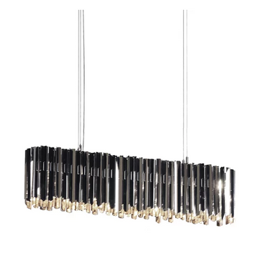 Innermost Facet polished stainless steel chandelier reflecting room light.