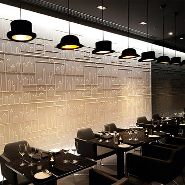 LED wool felt ceiling light fixture shaped like a bowler hat