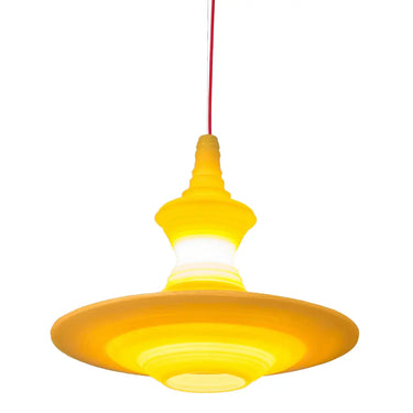 Stupa 56 Yellow Pendant Light in a hotel lobby setting, showcasing architectural inspired design and luxurious illumination.