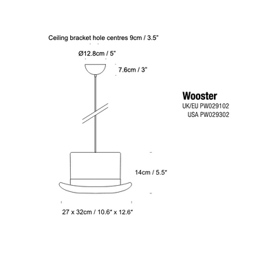 Felt Hat Pendant Lamp – Black Wooster Style Hanging Light technical drawing for Interior Design 