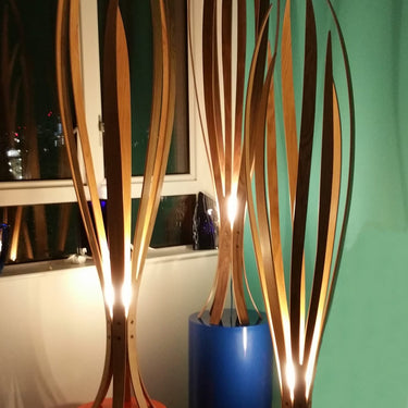 Macmaster Iris sculpted wood floor lamp, architectural lighting 