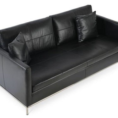 The Istanbul sofa by Soho Concept features durable black PPM upholstery and a sleek stainless steel base. \