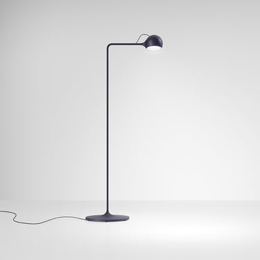 Modern blue standing lamp with adjustable curved arm and white interior shade