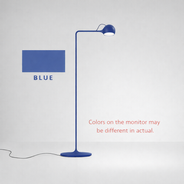 Modern blue LED floor lamp with slim curved arm and round base on neutral background