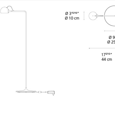 IXA LED floor lamp with sculptural curved arm and stable circular base, dimensions
