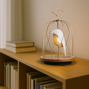 Ivory White Jingoo by Daqiconcept glowing atop low bookshelves