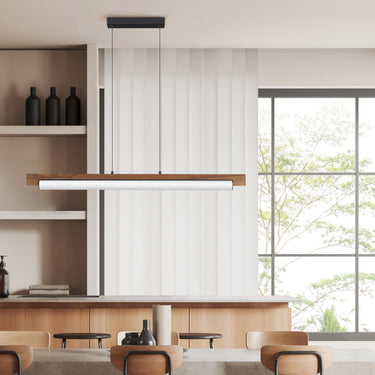 ET2 Joist wood-frame linear pendant hanging over a dining table in front of a tall window and open shelving