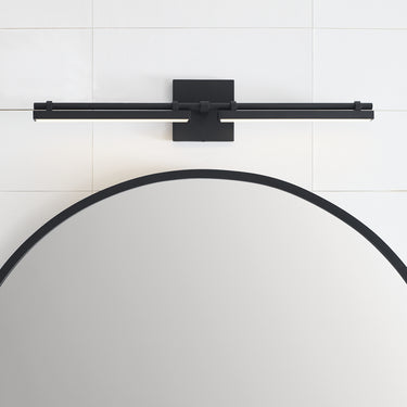Black LED vanity light with industrial design for residential and commercial applications