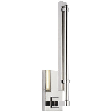 Dimmable polished nickel LED wall sconce mounted horizontally in commercial restroom lighting application