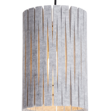 Adaptable light gray felt pendant with swappable shade for home decor.