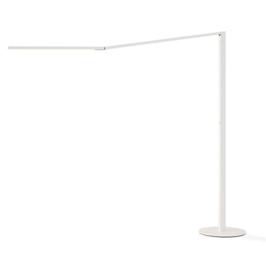 Contemporary LED floor lamp in matte black finish for bedroom and home office lighting.