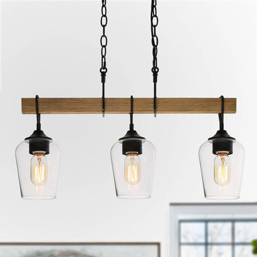 modern farmhouse 3-light linear island pendant in black metal and pine texture finish for kitchen décor