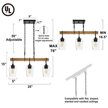 farmhouse style 3-light rectangular chandelier with pine texture accents and clear glass globes