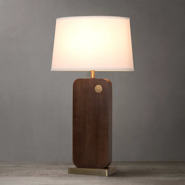 Nova of California Laurel Table Lamp Dark Walnut Wood Weathered Brass White Linen Shade