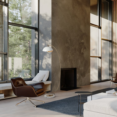 Nova of California Luna Bella Chairside Arc Floor Lamp 60 Weathered Brass Matte White Gold Leaf Shade