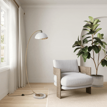 Nova of California Luna Bella Chairside Arc Floor Lamp 60 Weathered Brass Matte White Gold Leaf Shade