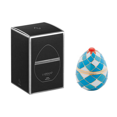 Ladenac Bois de Russie 220 g egg – Harlequin Blue egg beside its black gift box