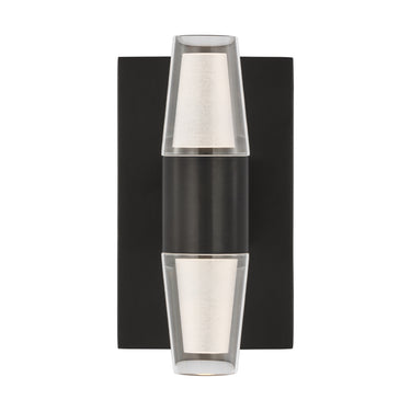 Dark bronze LED wall sconce with etched crystal shade for modern hallways and entryways